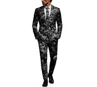 Mens Suits 3 Piece Halloween Costumes UK Ugly Funny Blazer and Trousers Tie Sets Ghost Pumpkin Skeleton Printed Suit Formal Long Sleeve 3 Pcs Set Men Performances Cosplay Adult Halloween Costume S-3XL