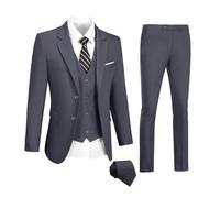 Mens Suits 3 Pieces 2 Button Slim Fit Suit Tuxedo Prom Formal Jacket Blazer Vest Pants with Tie, Dark Gray, M