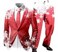Mens Suits Christmas Cute Cartoon Reindeer Snowflake Color Blovk Printed Coats and Trousers 2 Piece Sets Slim Fit Classic Xmas Holiday Jackets Novelty Party Outfits Christmas Suits for Men UK