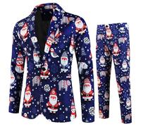 Men's Suits Christmas Snowflake Santa Printed Pocket 2 Piece Lapel Button Suit for Party Single Braested Blazers Pattern Lightweight Pocket Suit Jackets Classic Suits for Men