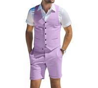 Men's Suits Linen 2 Piece Vest Short Pant Summer Beach Wedding Suit for Men, Light Purple, XXL