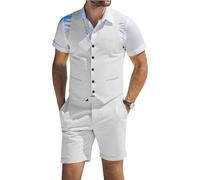 Men's Suits Linen 2 Piece Vest Short Pant Summer Beach Wedding Suit for Men, White, X-Large