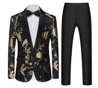 Mens Suits Slim Fit 2 Piece Formal Tuxedo Suits Blazer Pants with Bow Tie for Wedding Prom, Black&gold, M
