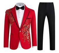 Mens Suits Slim Fit 2 Piece Formal Tuxedo Suits Blazer Suit Trousers with Bow Tie for Wedding Prom, Red 02, M