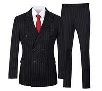 Mens Suits Slim Fit 3 Piece Double Breasted Pinstripe Tuxedo Suit Set for Wedding Prom, Navy Blue, XS