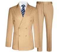 Mens Suits Slim Fit 3 Piece Double Breasted Tuxedo Suit Jacket Vest Pants Set for Wedding Prom, Champagne Pinstripe, XXL