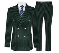 Mens Suits Slim Fit 3 Piece Double Breasted Tuxedo Suit Jacket Vest Pants Set for Wedding Prom, Deep Green Pinstripe, S