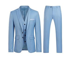 Mens Suits Slim Fit 3 Piece Morden Business Dinner Fashion Blazer Jacket Waistcoat Trousers, Sky Blue, S