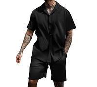 Men's Summer Beach Printed Short Sleeve Shirt and Shorts Sets 2 Piece Sweatshirt Hooded Fleece Black, A-le Black, M