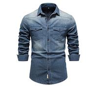 Men's Summer Beach Shirt Button Down Shirt Washed Classic Striped Denim Shirt for Men with Long Sleeves, navy, XXL