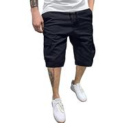 Mens Summer Breathable Lightweight Elasticated Waist Solid Color Plus Size Casual Shorts Fashion Woven Cargo Capri Pants with Pockets Drawstring Sports Running Jogging Training Fitness Outdoor Navy