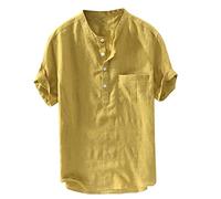 Men's Summer Button Short Sleeves Fashion Large Blouse Top Mens Pin Stripe Dress Shirts Yellow