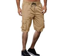 Mens Summer Cargo Short - Straight Leg Solid 3/4 Pants Elastic Waist Zipper Fly with Multi Pockets Hiking Cropped Holiday Short Pants Khaki