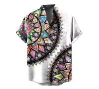 Men's Summer Casual Ethnic Floral Pattern Printed Linen Short Sleeved Shirt Stand Collar Comfortable and Fashionable Button Up Men's Top