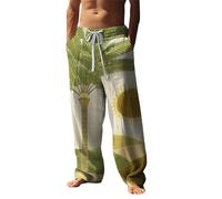 Mens Summer Casual Linen Baggy Pants Soft Cotton Loose Trousers Mens Patchwork Trousers Vintage Printed Pants Wide Leg Workout Trouser Breathable Jogging Trouser Elastic Waist Yoga Pant