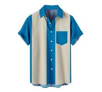 Mens Summer Casual Loose Fit Gym Short Sleeve Work Shirts Fashion Plain Color Blocking Button Down Lapel Short Sleeve Bowling Shirt Chest Pocket Longline Fashionable Elegant Classic Tees (Sky Blue, M)