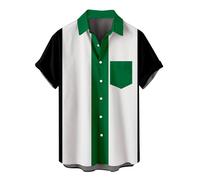 Mens Summer Casual Loose Fit Gym Short Sleeve Work Shirts Fashion Plain Color Blocking Button Down Lapel Short Sleeve Bowling Shirt Chest Pocket Longline Fashionable Elegant Classic Tees (Green, XXXL)