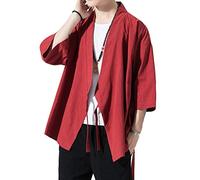 Men's Summer Casual Open Front Kimono Cardigan Coat Japanese Style Haori Jackets WineRed