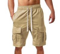 Mens Summer Casual Quick Dry Cargo Shorts with Drawstring Elastic Waist Multi Pockets Workwear Breathable Solid Color Safari Daily Leisure Activities Shorts (Khaki, XL)