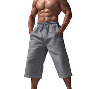 Men's Summer Casual Short Pants, Elasticated Waist Beach Yoga Joggers Drawstring Trousers, Loose Lace-Up Straight Leg Jogging Sweatpants, Cosy Breathable Beach Shorts, Men's 3/4 Length Trousers Grey