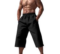Men's Summer Casual Short Pants, Elasticated Waist Beach Yoga Joggers Drawstring Trousers, Loose Lace-Up Straight Leg Jogging Sweatpants, Cosy Breathable Beach Shorts, Men's 3/4 Length Trousers Black