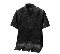 Men's Summer Chinese Style Hanfu Ice Silk Short Sleeve Shirt Morning Exercise Tai Chi Wear Black XL