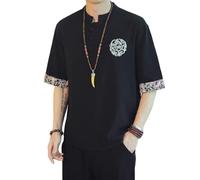 Men's Summer Chinese Style Japanese Trendy Loose Retro Embroidery Cotton Linen Short Sleeve Shirt Black L