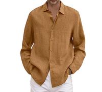 Men's Summer Cotton Linen Shirts Long Sleeve Casual Button Down Shirt Plus Size Lightweight Loose Beach Holiday Tops, A# Khaki, XXL