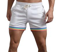 Mens Summer Cotton Shorts 2024 Solid Color Rainbow Pants Gay Shorts for Men Pride Shorts with Drawstring Elasticated Waist Sports Shorts Casual Loose Summer Beach Trousers (White, S)