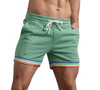 Mens Summer Cotton Shorts 2024 Solid Color Rainbow Pants Gay Shorts for Men Pride Shorts with Drawstring Elasticated Waist Sports Shorts Casual Loose Summer Beach Trousers (Green, L)