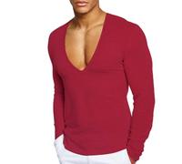 Men's Summer Cotton T-Shirt Deep V Neck Long Sleeve Slimfit Stretch Stretchy Solid Color Basic T-Shirt Men's Slim Fit Muscle Shirt Casual Sport Fitness Quick-Drying Undershirt Wine