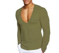 Men's Summer Cotton T-Shirt Deep V Neck Long Sleeve Slimfit Stretch Stretchy Solid Color Basic T-Shirt Men's Slim Fit Muscle Shirt Casual Sport Fitness Quick-Drying Undershirt Army Green