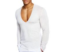 Men's Summer Cotton T-Shirt Deep V Neck Long Sleeve Slimfit Stretch Stretchy Solid Color Basic T-Shirt Men's Slim Fit Muscle Shirt Casual Sport Fitness Quick-Drying Undershirt White