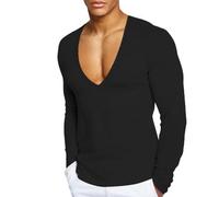 Men's Summer Cotton T-Shirt Deep V Neck Long Sleeve Slimfit Stretch Stretchy Solid Color Basic T-Shirt Men's Slim Fit Muscle Shirt Casual Sport Fitness Quick-Drying Undershirt Black
