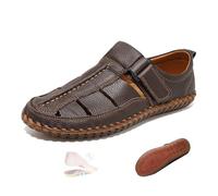 Men's Summer Fisherman Sandals with Back Strap, Hand-Stitching Leather Sandals Anti-Slip Beach Driving Shoes (deep khaki,10)