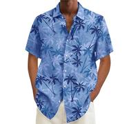 Men's Summer Hawaiian Shirt Coconut Tree Pattern T-Shirt 2025 Summer Beach Shirt Short Sleeve Volleyball Shirt Button-Down Quick-Drying Breathable Stretch Sports Shirt Men's Summer Shirt, blue, L
