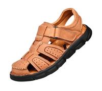 Men's Summer Leather Sandals with Adjustable Strap Summer Shoes Hiking Trekking Outdoor Crab Heads Padded Microfibre Insole Rubber Sandals Colour Brown Black, khaki, 12 UK