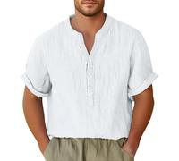 Mens Summer Linen Cotton Henley Shirt Work Shirt Henley Tops for Men's Short Sleeve Regular Fit Solid Color Henleys Standing Collar Short Sleeve Cotton Linen Shirts XXXL Tshirt (White, 3XL)