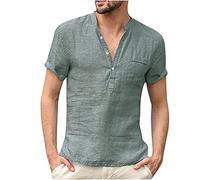Men's Summer Linen Henley Shirt Short Sleeve Button Up V Neck Tops Casual Cotton Tee Shirt Beach Holiday Shirts Loose Fit Solid Color T-Shirts Sale Clearance Green