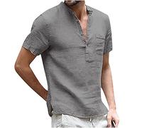 Men's Summer Linen Henley Shirt Short Sleeve Button Up V Neck Tops Casual Cotton Tee Shirt Beach Holiday Shirts Loose Fit Solid Color T-Shirts Clearance Gray