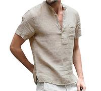 Men's Summer Linen Henley Shirt Short Sleeve Button Up V Neck Tops Casual Cotton Tee Shirt Beach Holiday Shirts Loose Fit Solid Color T-Shirts Sale Clearance Khaki