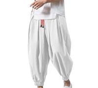 Men's Summer Linen Pants, Summer Baggy Harem Pants Wide Bloomers Harem Trousers with Drawstring Elastic Waist Japanese Casual Aladdin Bottoms for Men White Xs