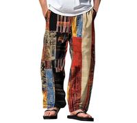 Mens Summer Linen Trousers Hippie Patchwork Colorful Color Block Printed Holiday Casual Beach Yoga Pants Elasticated Waist Wide Leg Pull On Work Walking Trousers for Men UK
