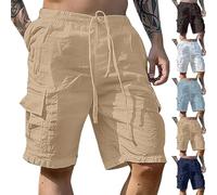 Men's Summer Loose Casual Linen Shorts Knee Length Shorts Men Drawstring Elasticated Waist-Casual Trousers with Pockets Workout Lounge Pants Mens for Work Travel Golf Cargo Trousers Khaki