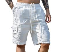Men's Summer Loose Casual Linen Shorts Knee Length Shorts Men Drawstring Elasticated Waist-Casual Trousers with Pockets Workout Lounge Pants Mens for Work Travel Golf Cargo Trousers White