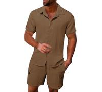 Mens Summer Outfits 2 Piece Set Shorts And T Shirts Cotton Linen Suit Mens Beach Wear Set Breathable Holiday Outfit Co-Ord Athletic Sets Summer Vacation Outfits Comfy Wedding Suits For Bridegroom