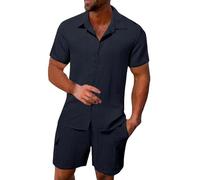 Mens Summer Outfits 2 Piece Set Shorts And T Shirts Cotton Linen Suit Mens Beach Wear Set Breathable Holiday Outfit Co-Ord Athletic Sets Summer Vacation Outfits Comfy Wedding Suits For Bridegroom