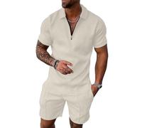 Mens Summer Outfits 2 Piece Shorts Sets 1/4 Golf Zip Polo Shirt Casual Set, Beige, Small