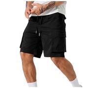 Men's Summer Plain Cargo Trousers Work Trousers Men's Elastic Waist Cargo Shorts Sports Shorts with Drawstring and Pockets Breathable Summer Shorts, black, L