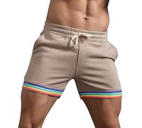 Men's Summer Plain Rainbow Trousers Pocket Drawstring Loose Casual Sports Running Trousers Straight Shorts Beach Trousers, khaki, M